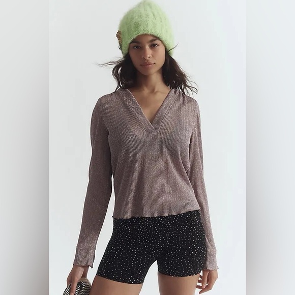 Anthropologie Tops - Anthropologie Daily Practice Sheer Metallic V-Neck Hooded Top in Taupe